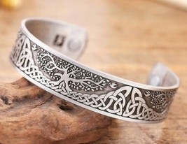 Viking Cuff-Tree of Life ~ Zinc Alloy Magnetic Bangle Bracelet ~ Antique Silver - £17.88 GBP