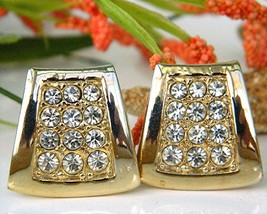 Vintage Pave Rhinestone Fancy Earrings Gold Tone Trapezoid Clip-Ons - $19.95