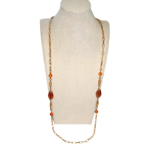 Vtg 70s Signed Sarah Cov Gold Amber Tone Long Paperclip Chain Beaded Necklace - £23.36 GBP