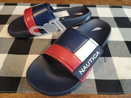 Nautica Bower Athletic Adjustable Slides Sandals, Mens Size 8 Navy White &amp; Red - £22.30 GBP