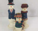 New Set Of 3 Christmas Snowman Resin Candle Stick Holders With Candles - $24.74