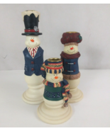 New Set Of 3 Christmas Snowman Resin Candle Stick Holders With Candles - $24.74