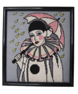Lady Pierrot Mime Clown Pink Umbrella Needlepoint Wall Art 13 x 12 Lucit... - $815.09 MXN