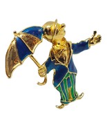 Vintage Statement Brooch Unisex Singing Under Rain Blue Green Enamel Gol... - $7.91