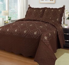 ANNA FLOWERS EMBROIDERED COFFEE SOLID BEDSPREAD COVERLET SET 3 PCS QUEEN... - £38.82 GBP