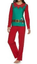 Womens Pajamas Christmas Elf Red Green Long Sleeve Top Pants 2 Pc Fleece-sz XS - £22.21 GBP