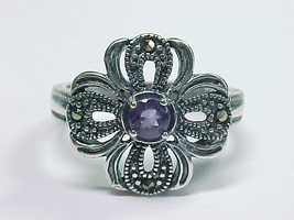 AMETHYST and MARCASITES Vintage RING in Sterling Silver - Size 8 1/4 - £42.50 GBP