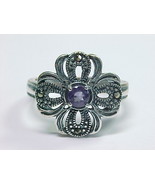 AMETHYST and MARCASITES Vintage RING in Sterling Silver - Size 8 1/4 - $53.00