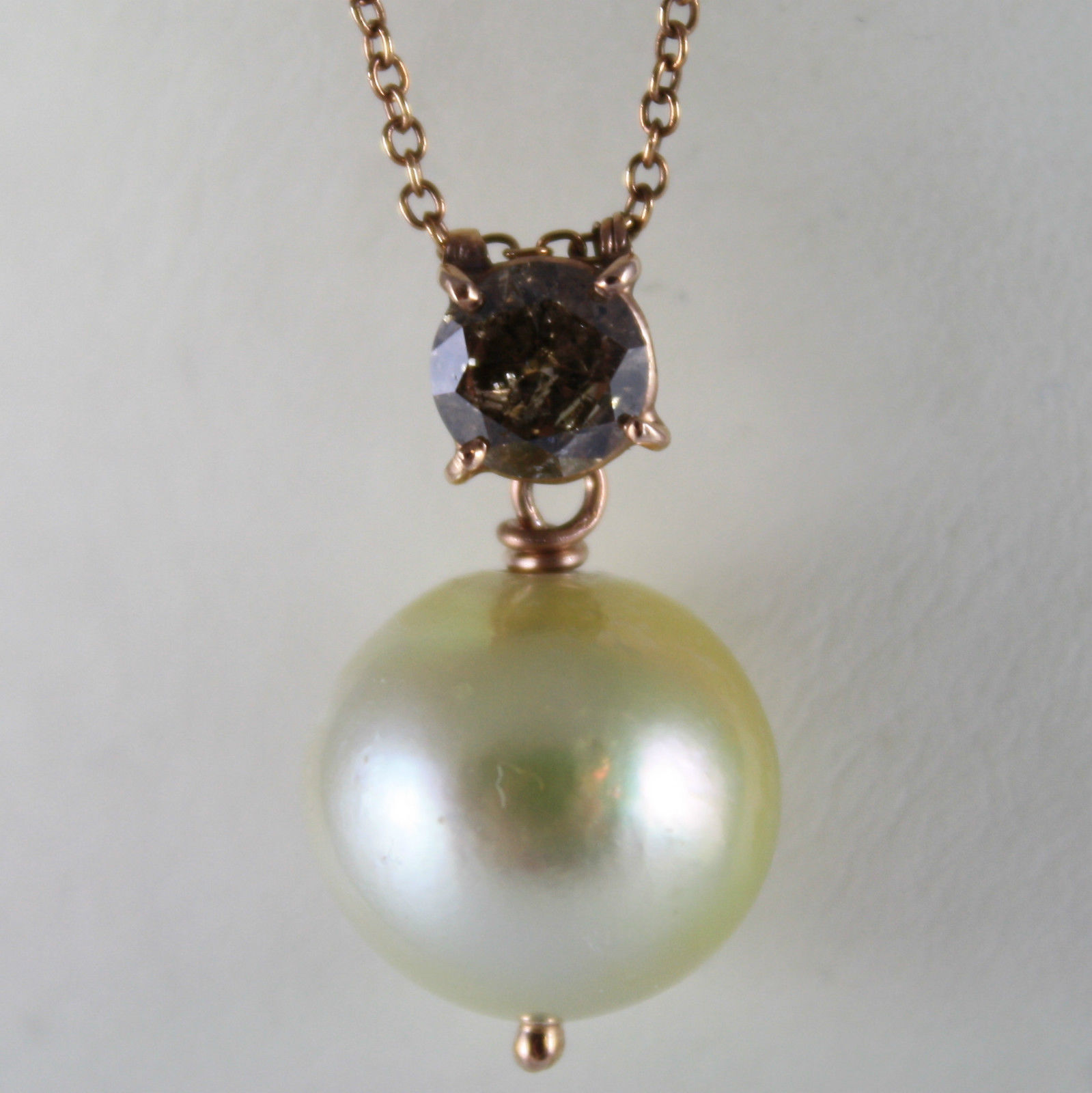 18K ROSE GOLD NECKLACE BROWN DIAMOND CT 1.07 CREAM SOUTH SEA PEARL MADE IN ITALY - £1,123.68 GBP