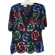 Stenay VTG Sequin Blouse Womens M Black Red Green Blue Roses VNeck Party Silk - £18.57 GBP