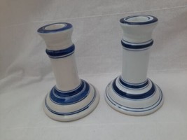 Vintage Pair of Williams Sonoma Blue and White Stripes 5 1/4&quot; Candleholders - £27.65 GBP