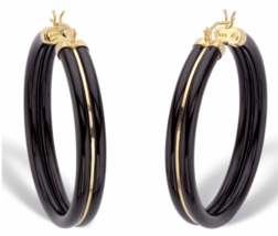 BLACK JADE HOOP GP EARRINGS14K GOLD STERLING SILVER 1.75&quot; - £234.54 GBP