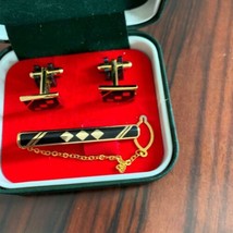 NIB Black and Gold Geometric Shape Cuff Links &amp; Tie Clasp 24KGF - £75.68 GBP