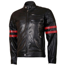 Mens Leather Jacket Black Lambskin Biker Moto Red Stripes - £143.54 GBP