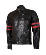 Mens Leather Jacket Black Lambskin Biker Moto Red Stripes - £143.87 GBP