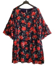 Nina Leonard A Line Dress Womens 2X Navy Blue Floral Print Flared Sleeves - £20.48 GBP