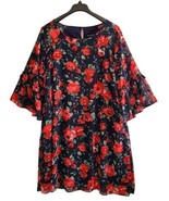 Nina Leonard A Line Dress Womens 2X Navy Blue Floral Print Flared Sleeves - £20.23 GBP