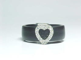 BLACK Rubber Band Style RING with STERLING PAVE Set CZ HEART - Size 6.75 - £23.70 GBP