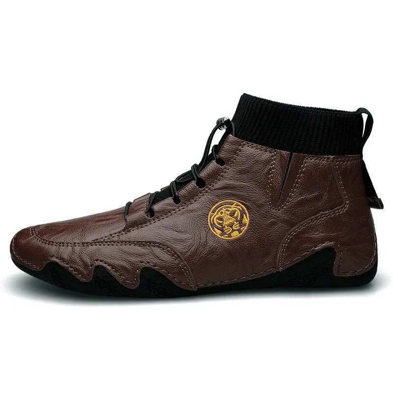 Men&#39;s Genuine Leather Handmade Wear-resistant Elastic Band And Insoles Casual Bo - £82.86 GBP
