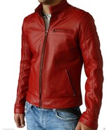 Hecho a mano elegante chaqueta de cuero rojo para hombre piel de cordero... - $160.76 CAD+