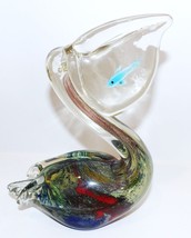 MURANO STYLE ART GLASS MULTI-COLORED SILVER AVENTURINE 8&quot; PELICAN FISH S... - $123.74