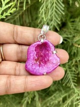 925 Sterling Silver Plated, PINK Druzy Geode Agate Stone Pendant, Healing 9 - £10.01 GBP
