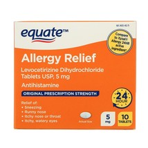 Equate Allergy Relief Levocetirizine Dihydrochloride Tablets USP, 5 mg 10 count. - $14.84