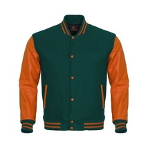Letterman Varsity Bomber Baseball Jacket Green Body &amp; Orange Leather Sle... - £88.30 GBP