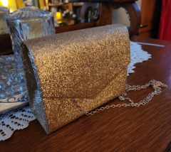 Macy&#39;s Sparkle Glitter Crossbody Metallic Gold Small Special Occasion Purse~Prom - £14.02 GBP