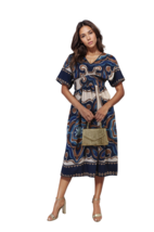 Ruched Printed V-Neck Short Sleeve Midi Dress - $29.99