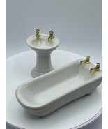 Dollhouse Miniature Bathroom Lot Pedestal Sink and Bathtub Ceramic Furni... - $7.59