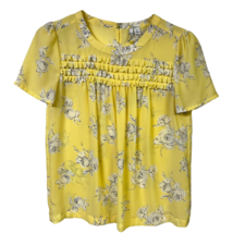 Elle Womens Blouse Yellow Multicolor Floral Jewel Neck Short Sleeve Ruffles XS - £14.85 GBP