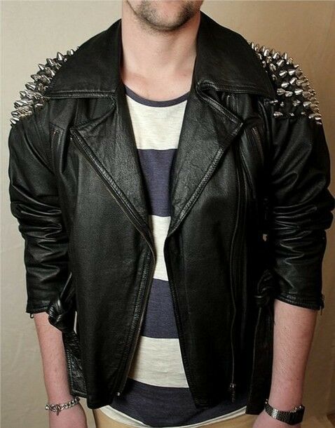 Men's Black Genuine Leather Silver Spike Studs Adjustable Belted Waist Jacket