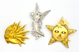 Lot Of Three Vintage JJ Jonette Celestial Star Sun Goddess Angel Brooch Pins - £41.02 GBP