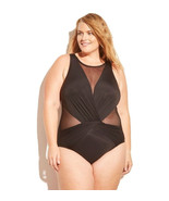 Aqua Green Ladies Plus Size Mesh Inset One Piece Swimsuit Black Plus Size 16W - $28.99