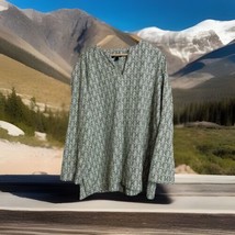 Lands End Womens Medallion Print Tunic Blouse Sz 1X Olive Green Ivory Popover - $17.79