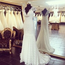 V Neck Sheath White Lace Wedding Dress floor Length Women Bridal gowns - $179.00
