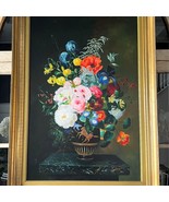 Vintage Floral Still Life Oil on Canvas Painting Gold Gilt Ornate Frame  - £388.17 GBP