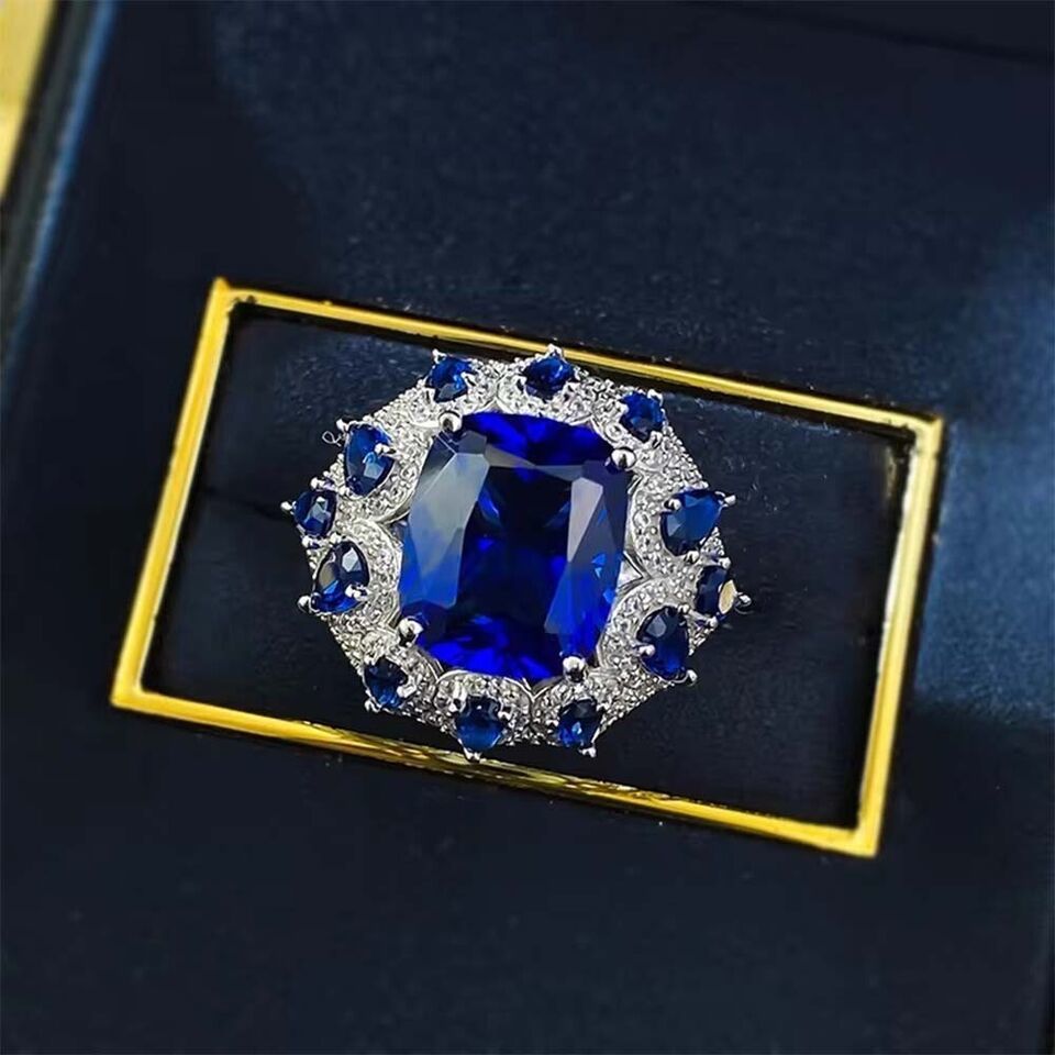 Cushion Created Sapphire & Diamond 14K White Gold Plated Ladies Engagement Ring Item image 5