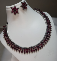 Bollywood Style Indian Silver Plated Choker Necklace Ruby Delicate Jewelry Set - £30.46 GBP