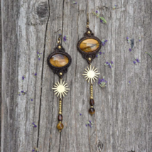 brown macrame sun earrings, tiger eye drop earrings, solar plexus chakra... - $32.00