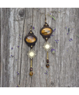 brown macrame sun earrings, tiger eye drop earrings, solar plexus chakra... - $43.76 CAD