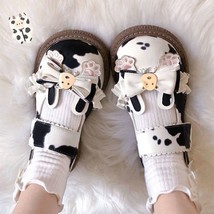 Kawaii Cow Print Girls Mary Janes Japanese Style Patchwork PU Bow Lolita Shoes S - £38.85 GBP