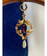 Vtg 10K Yellow Gold Pearl Pendant 1.89g Fine Jewelry Amethyst Color Ston... - £132.52 GBP
