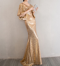 Golden Bat Sleeve Maxi Sequin Dresses Women Custom Plus Size Sequined Gowns image 6