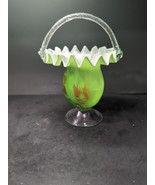 Bohemian Art Glass Footed Green Basket, Ruffled Edge, Hand Blown, Twiste... - $29.70