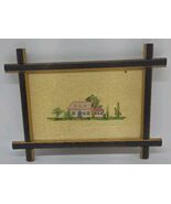 Vintage Framed Needlepoint House Scene Wall Art Wooden Frame Handmade Decor - €28,51 EUR