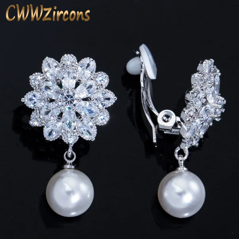 No Piercing White CZ Crystal Dangle Drop Pearl Flower Clip on Earrings Non Hole  - £18.12 GBP
