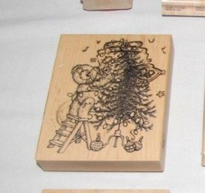 Rubber Stamp, Fuzzy Bear K-2655, 4.5 x 3.75 inch, Decorating Christmas Tree psx - £10.31 GBP