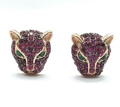 14K Rose Gold Plated Simulated Ruby &amp; Emerald Panther Stud Earrings 0.30&quot; Inch - £66.17 GBP